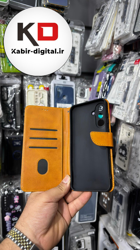 کیف گوشی Galaxy A36 سامسونگ چرم مگنتی جاکارتی بند آویز دار عسلی