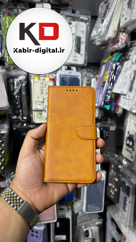 کیف گوشی Galaxy S21 FE سامسونگ چرم مگنتی جاکارتی بند آویز دار عسلی