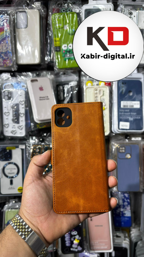 کیف گوشی Galaxy A04 سامسونگ چرم مگنتی جاکارتی بند آویز دار عسلی