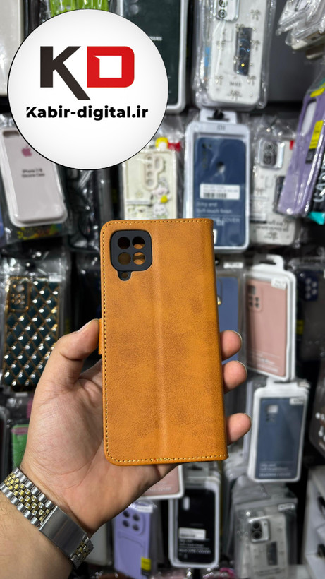 کیف گوشی Galaxy A12/M12 سامسونگ چرم مگنتی جاکارتی بند آویز دار عسلی
