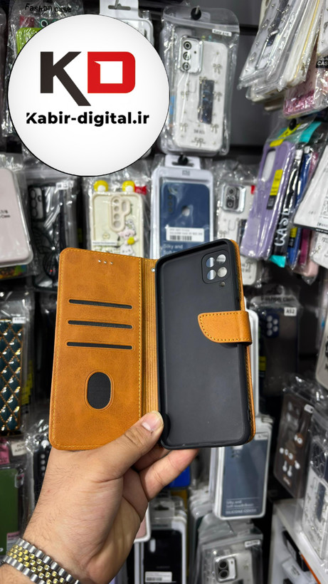 کیف گوشی Galaxy A12/M12 سامسونگ چرم مگنتی جاکارتی بند آویز دار عسلی
