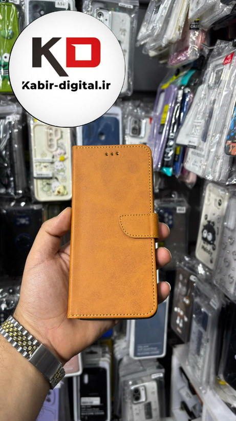 کیف گوشی Galaxy A12/M12 سامسونگ چرم مگنتی جاکارتی بند آویز دار عسلی