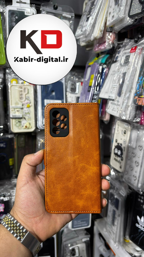 کیف گوشی Galaxy A52/A52s سامسونگ چرم مگنتی جاکارتی بند آویز دار عسلی