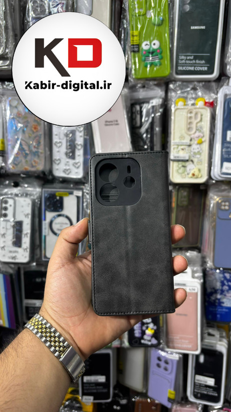 کیف گوشی Redmi Note 14 4Gشیائومی چرم مگنتی جاکارتی بند آویز دار مشکی