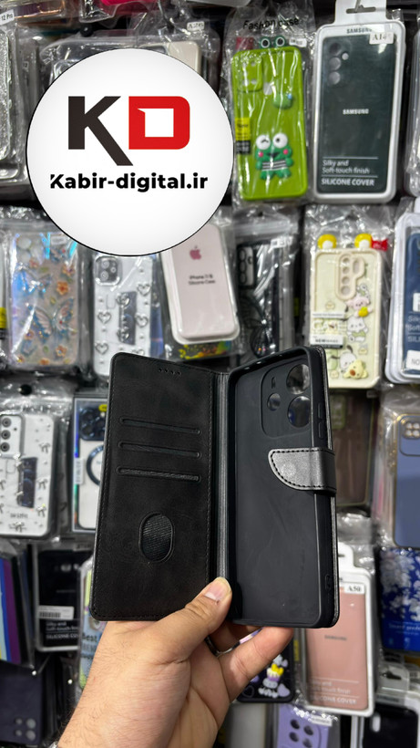 کیف گوشی Redmi Note 14 4Gشیائومی چرم مگنتی جاکارتی بند آویز دار مشکی