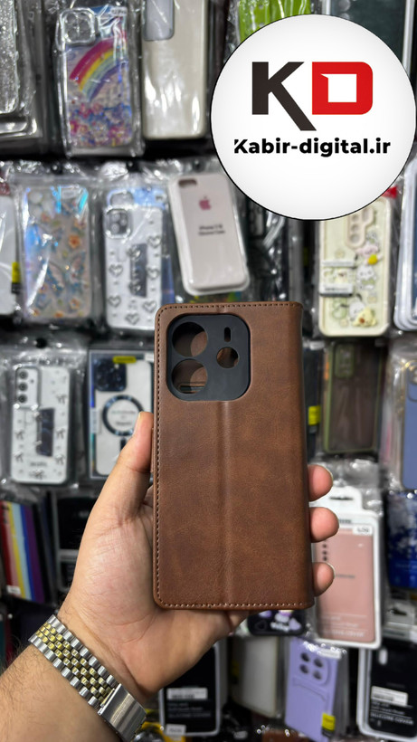 کیف گوشی Redmi Note 14 4Gشیائومی چرم مگنتی جاکارتی بند آویز دار قهوه ایی
