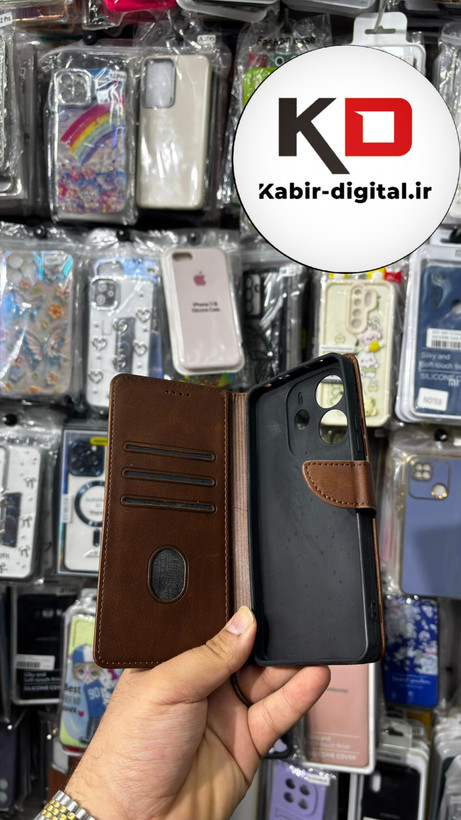کیف گوشی Redmi Note 14 4Gشیائومی چرم مگنتی جاکارتی بند آویز دار قهوه ایی