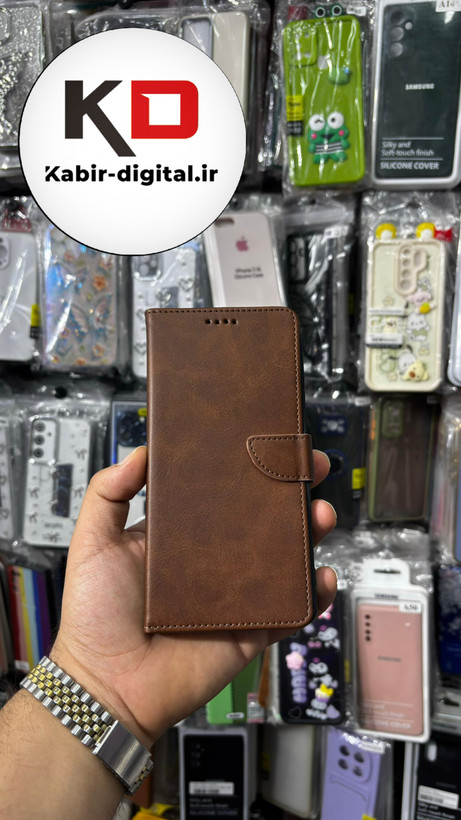 کیف گوشی Redmi Note 14 4Gشیائومی چرم مگنتی جاکارتی بند آویز دار قهوه ایی