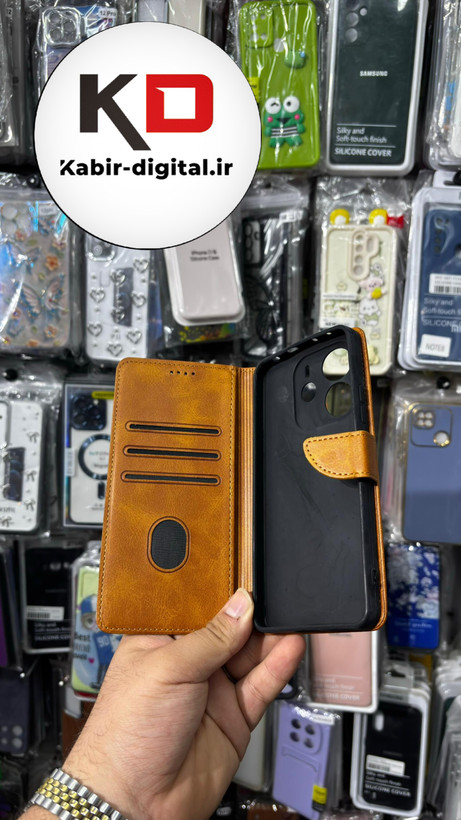 کیف گوشی Redmi Note 14 4Gشیائومی چرم مگنتی جاکارتی بند آویز دار عسلی