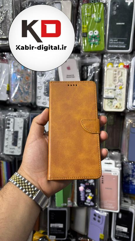 کیف گوشی Redmi Note 14 4Gشیائومی چرم مگنتی جاکارتی بند آویز دار عسلی