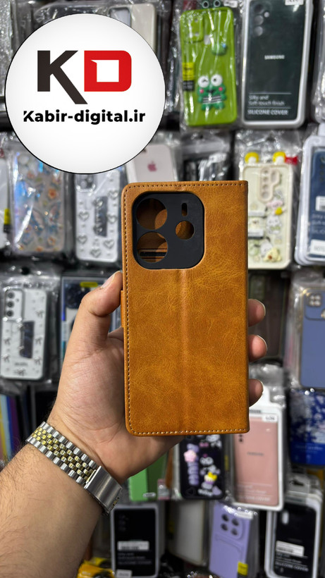 کیف گوشی Redmi Note 14 4Gشیائومی چرم مگنتی جاکارتی بند آویز دار عسلی