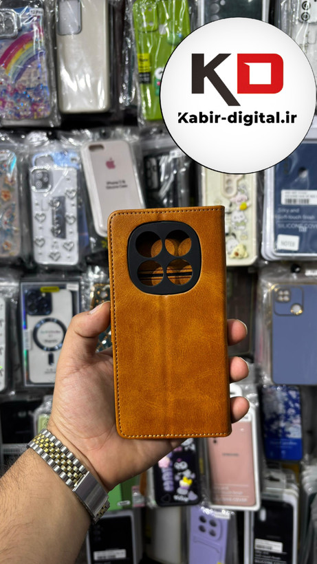 کیف گوشی Redmi Note 14 Pro 4Gشیائومی چرم مگنتی جاکارتی بند آویز دار عسلی