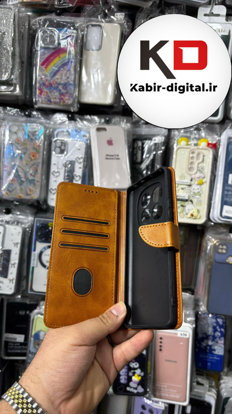کیف گوشی Redmi Note 14 Pro 4Gشیائومی چرم مگنتی جاکارتی بند آویز دار عسلی