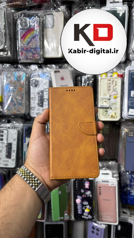 کیف گوشی Redmi Note 14 Pro 5Gشیائومی چرم مگنتی جاکارتی بند آویز دار عسلی