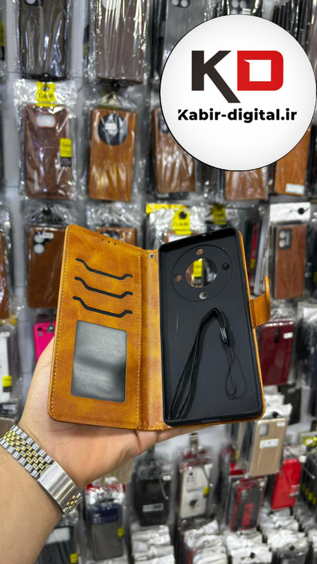 کیف گوشی Honor X9A آنر چرم مگنتی جاکارتی بند آویز دار عسلی