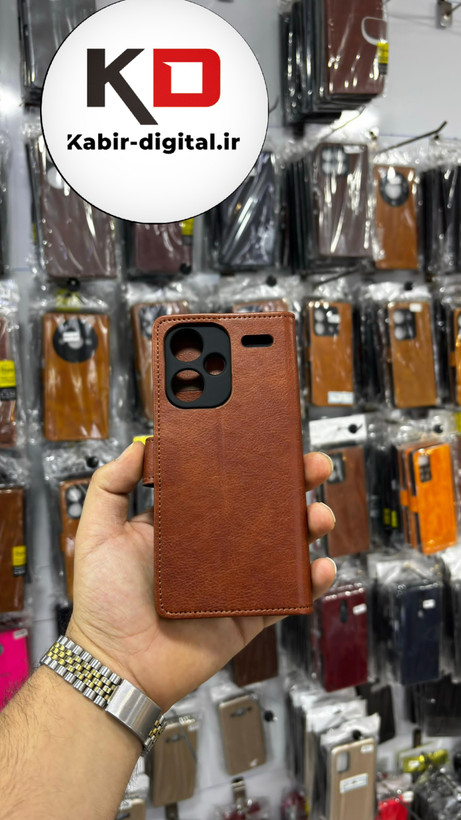 کیف گوشی Redmi Note 13 Pro Plus شیائومی چرم مگنتی جاکارتی بند آویز دار قهوه ایی