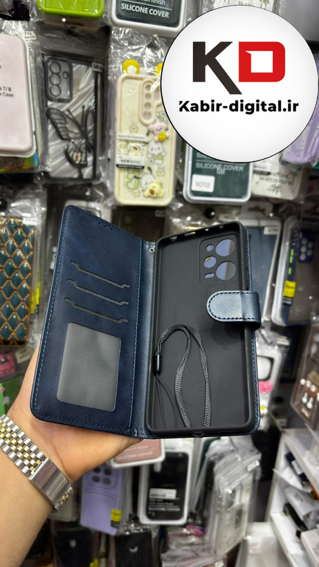 کیف گوشی Poco X5 Proشیائومی چرم مگنتی جاکارتی بند آویز دار سرمه ایی