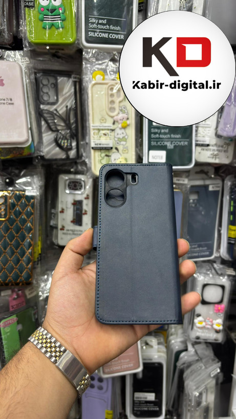 کیف گوشی Redmi 13C / Poco C65 شیائومی چرم مگنتی جاکارتی بند آویز دار سرمه ایی