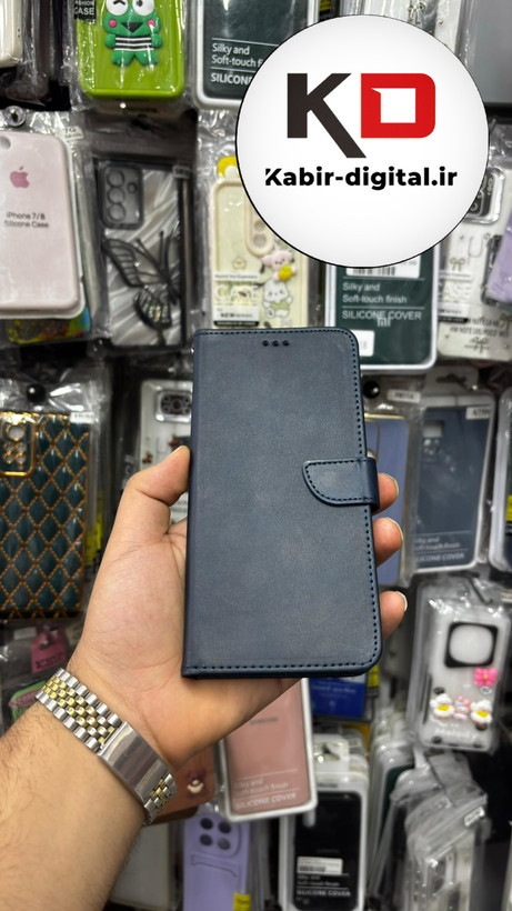 کیف گوشی Redmi 13C / Poco C65 شیائومی چرم مگنتی جاکارتی بند آویز دار سرمه ایی