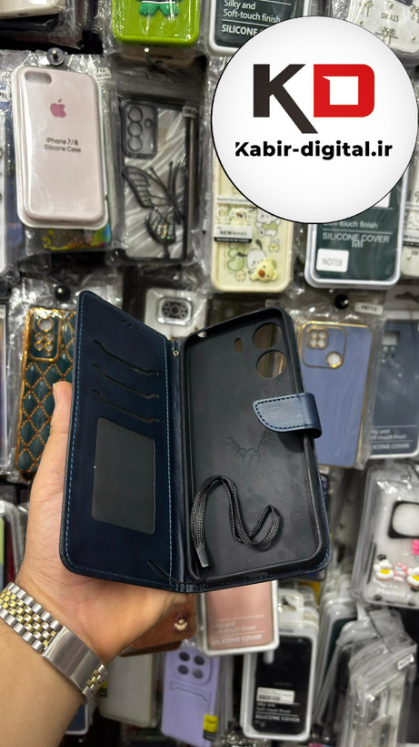کیف گوشی Redmi 13C / Poco C65 شیائومی چرم مگنتی جاکارتی بند آویز دار سرمه ایی