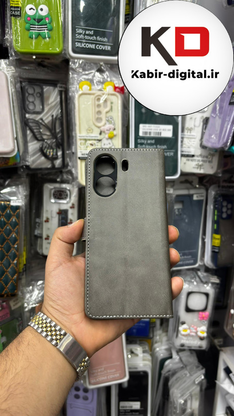 کیف گوشی Redmi 13C / Poco C65 شیائومی چرم مگنتی جاکارتی بند آویز دار خاکستری