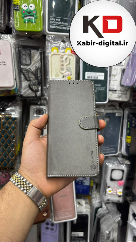 کیف گوشی Redmi 13C / Poco C65 شیائومی چرم مگنتی جاکارتی بند آویز دار خاکستری