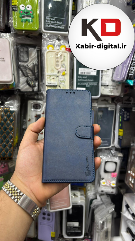کیف گوشی Redmi Note 14 4Gشیائومی چرم مگنتی جاکارتی بند آویز دار سرمه ایی