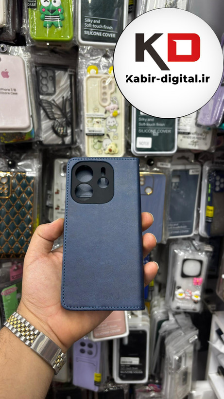 کیف گوشی Redmi Note 14 4Gشیائومی چرم مگنتی جاکارتی بند آویز دار سرمه ایی