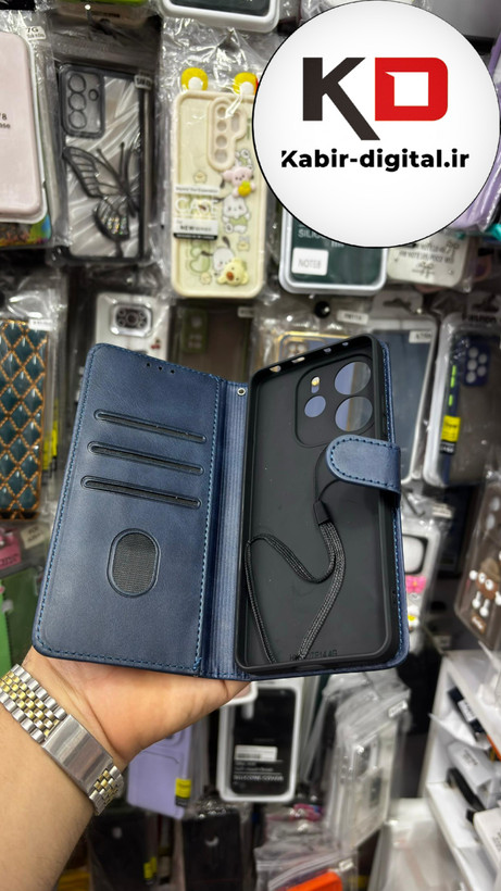 کیف گوشی Redmi Note 14 4Gشیائومی چرم مگنتی جاکارتی بند آویز دار سرمه ایی