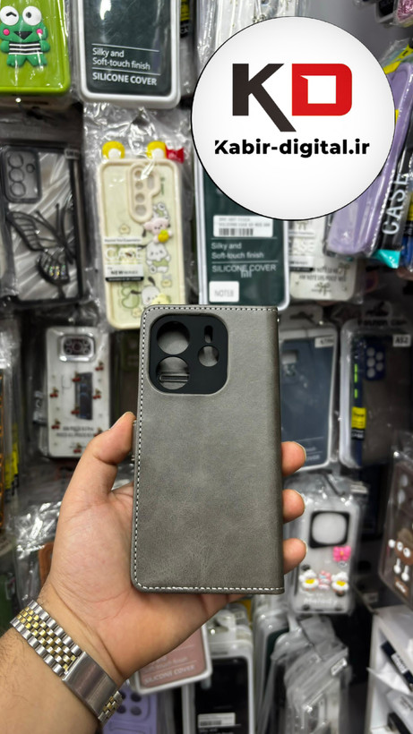کیف گوشی Redmi Note 14 4Gشیائومی چرم مگنتی جاکارتی بند آویز دار خاکستری