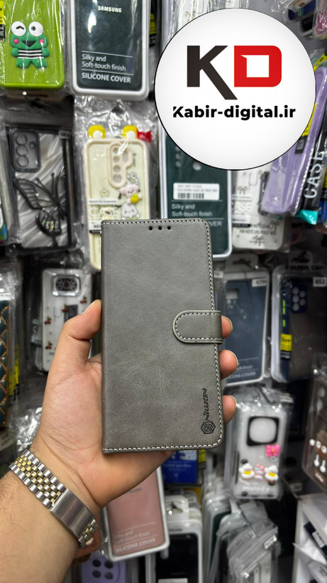 کیف گوشی Redmi Note 14 4Gشیائومی چرم مگنتی جاکارتی بند آویز دار خاکستری