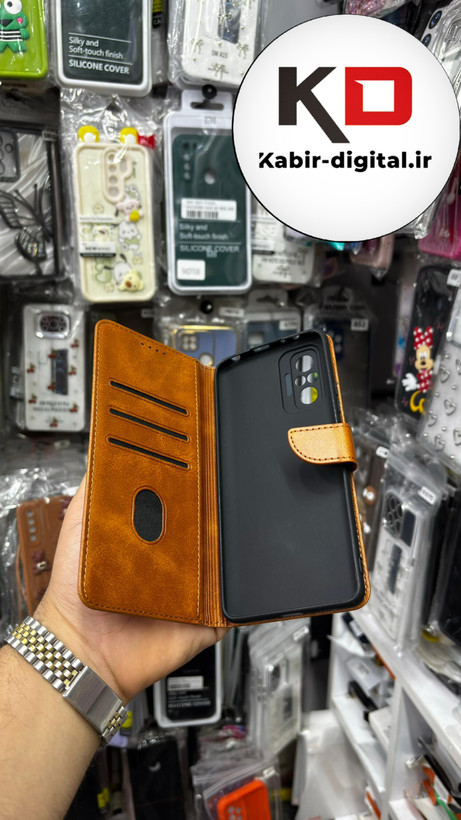 کیف گوشی Redmi Note 10 Proشیائومی چرم مگنتی جاکارتی بند آویز دار عسلی