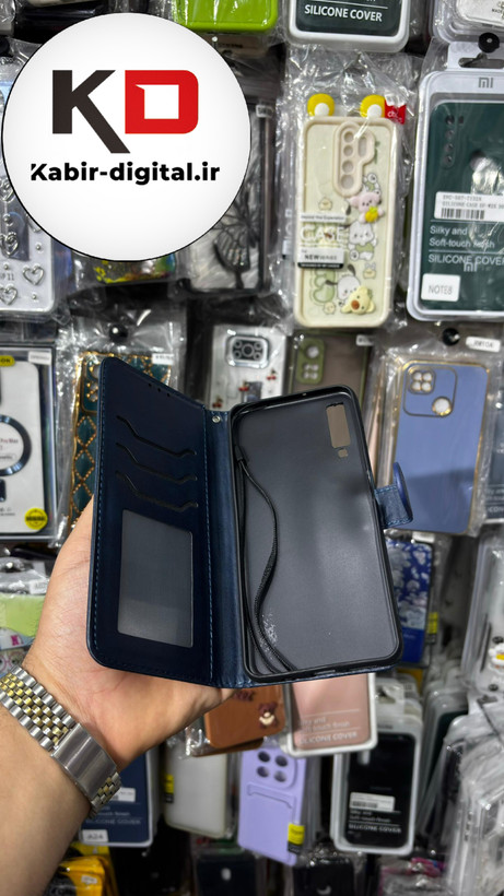 کیف گوشی Galaxy A750 / A7 2018 سامسونگ چرم مگنتی جاکارتی بند آویز دار سرمه ایی