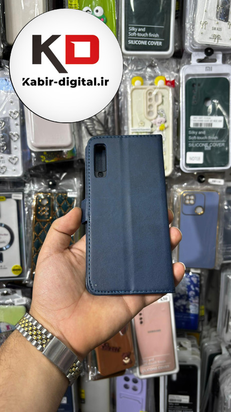 کیف گوشی Galaxy A750 / A7 2018 سامسونگ چرم مگنتی جاکارتی بند آویز دار سرمه ایی