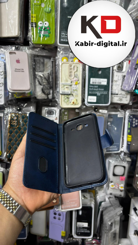 کیف گوشی Galaxy J500 / J5 2015 سامسونگ چرم مگنتی جاکارتی بند آویز دار سرمه ایی