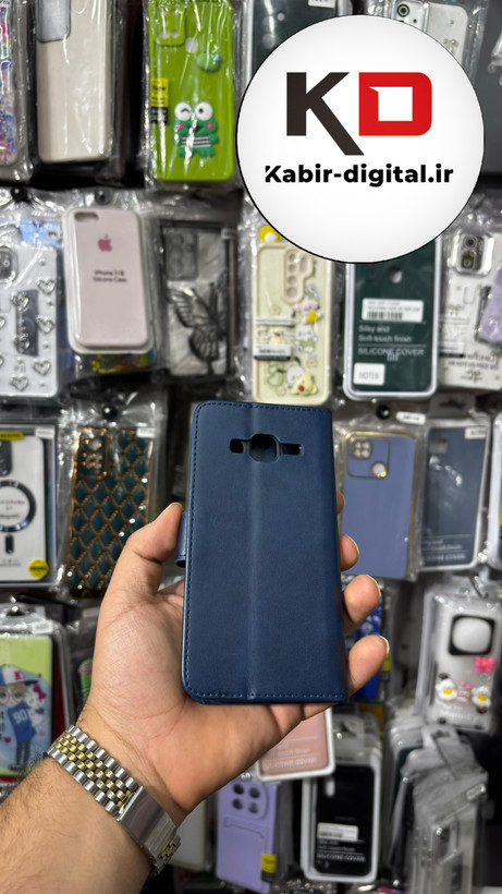 کیف گوشی Galaxy J500 / J5 2015 سامسونگ چرم مگنتی جاکارتی بند آویز دار سرمه ایی