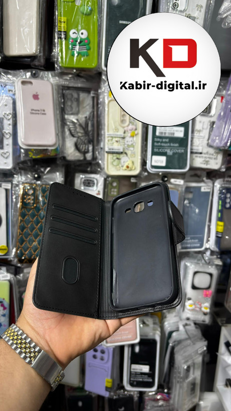 کیف گوشی Galaxy J500 / J5 2015 سامسونگ چرم مگنتی جاکارتی بند آویز دار مشکی