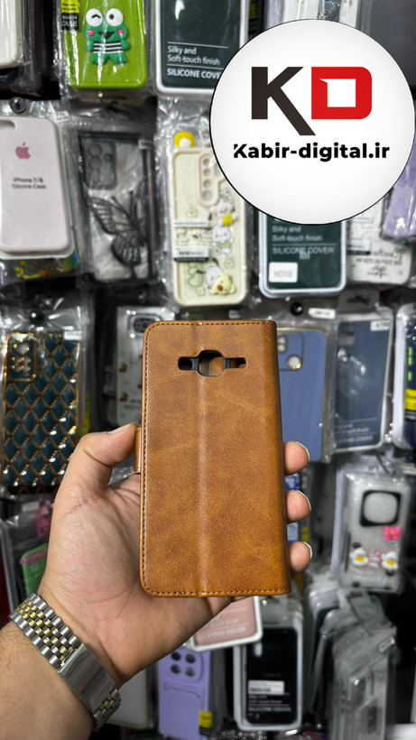 کیف گوشی Galaxy J500 / J5 2015 سامسونگ چرم مگنتی جاکارتی بند آویز دار عسلی
