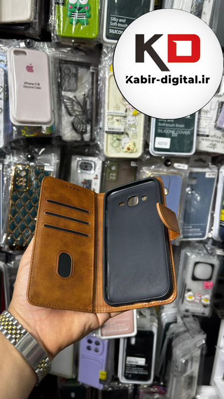 کیف گوشی Galaxy J500 / J5 2015 سامسونگ چرم مگنتی جاکارتی بند آویز دار عسلی