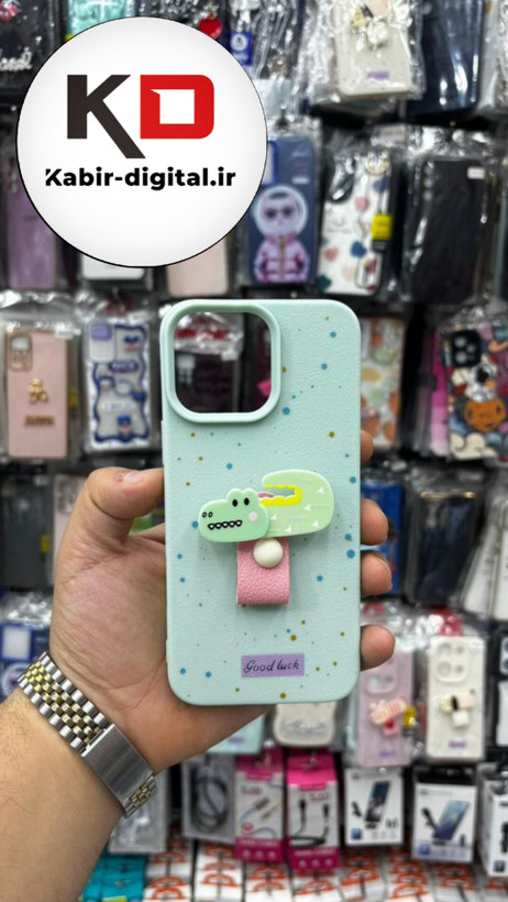 قاب گوشی iPhone 16 آیفون سیلیکونی فانتزی برجسته لاکچری هولدردار فانتزی طرح دایناسور سبزآبی