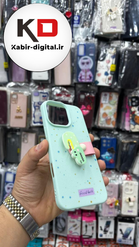 قاب گوشی iPhone 16 آیفون سیلیکونی فانتزی برجسته لاکچری هولدردار فانتزی طرح دایناسور سبزآبی