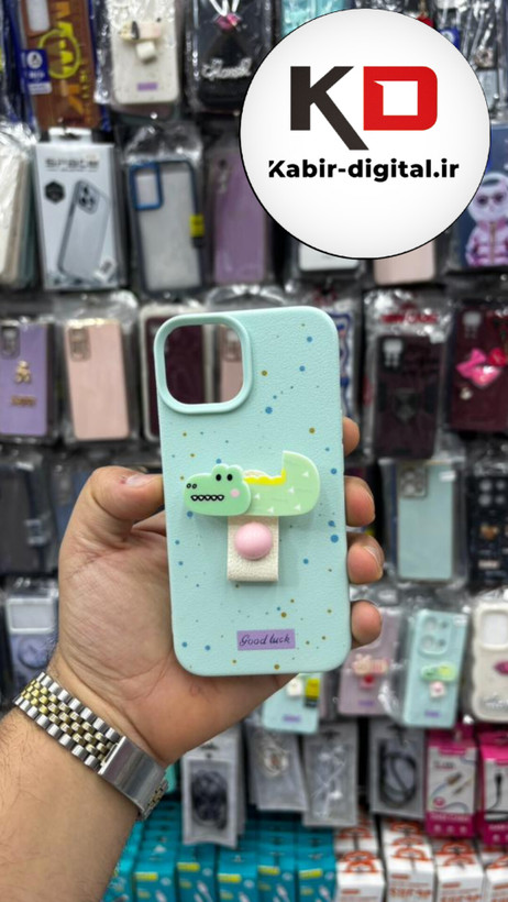 قاب گوشی iPhone 13/14/15 آیفون سیلیکونی فانتزی برجسته لاکچری هولدردار فانتزی طرح دایناسور سبزآبی