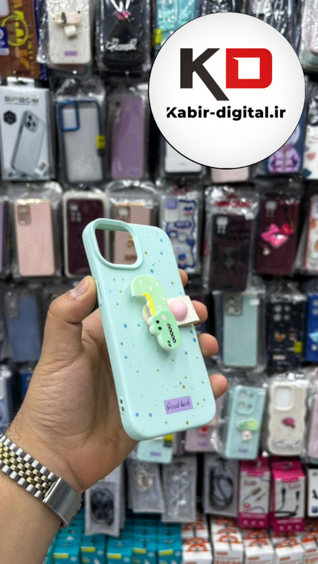 قاب گوشی iPhone 13/14/15 آیفون سیلیکونی فانتزی برجسته لاکچری هولدردار فانتزی طرح دایناسور سبزآبی