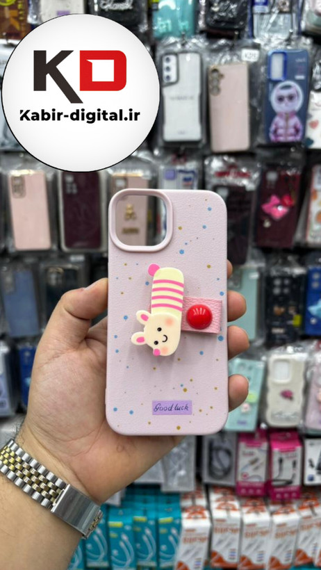 قاب گوشی iPhone 13/14/15 آیفون سیلیکونی فانتزی برجسته لاکچری هولدردار فانتزی طرح زنبور صورتی