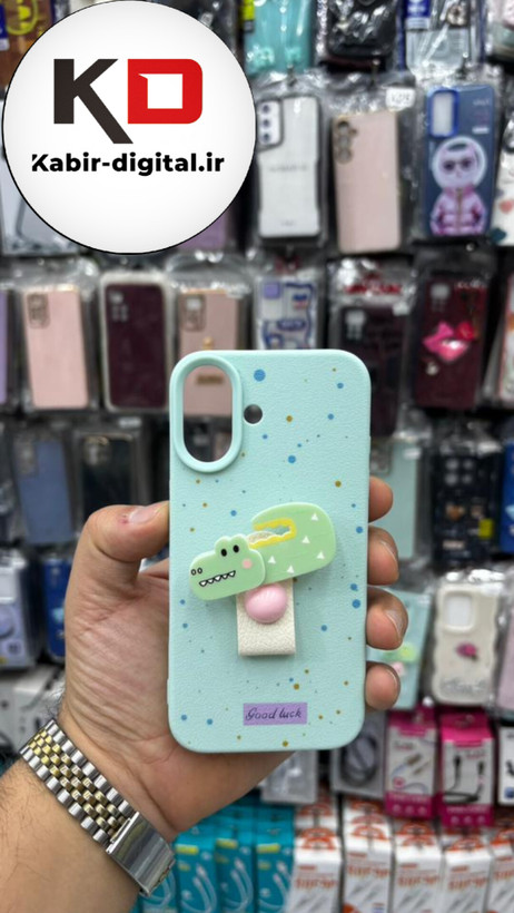 قاب گوشی iPhone 16 Pro Max آیفون سیلیکونی فانتزی برجسته لاکچری هولدردار فانتزی طرح دایناسور سبزآبی