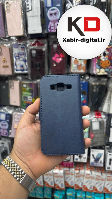 کیف گوشی Galaxy J500 / J5 2015 سامسونگ چرم مگنتی جاکارتی بند آویز دار سرمه ایی