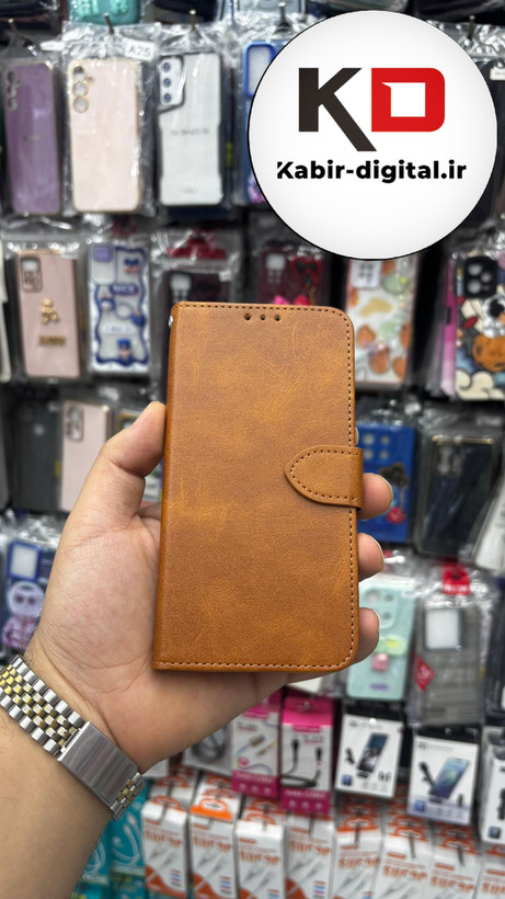 کیف گوشی Galaxy A520 / A5 2017 سامسونگ چرم مگنتی جاکارتی بند آویز دار قهوه ایی روشن