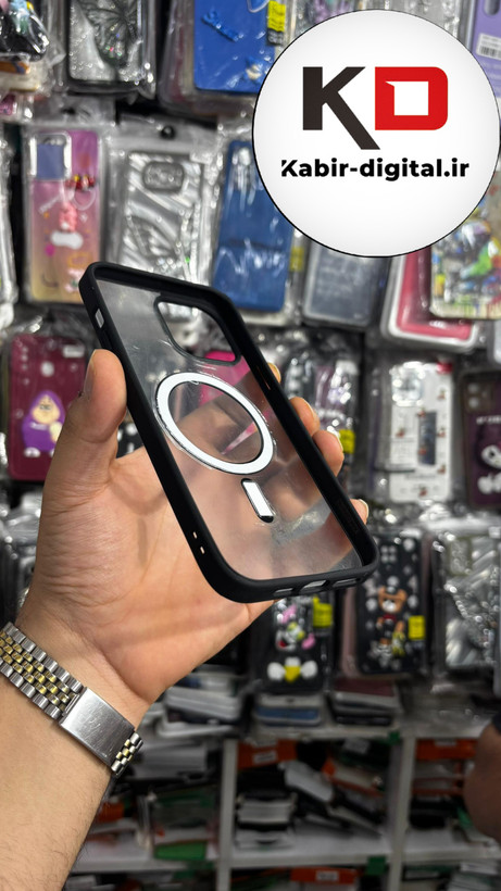 قاب گوشی iPhone 13 Pro Max آیفون شفاف مگ سیف دار MagSafe اورجینال دور سیلیکونی مشکی ایربگ دار