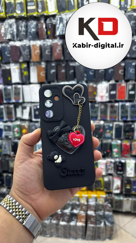 قاب گوشی Galaxy A35 سامسونگ طرح سیلیکونی ژله ای سه بعدی برجسته عروسکی محافظ لنز دار آویزدار مشکی