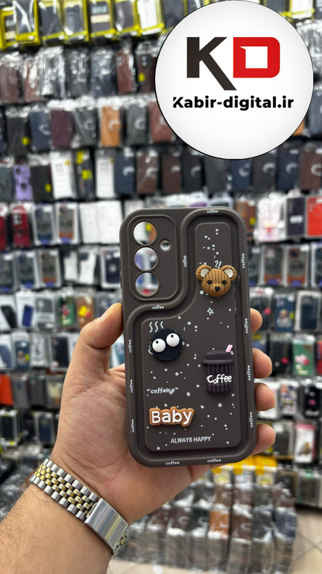 قاب گوشی Galaxy A55 سامسونگ طرح سیلیکونی ژله ای سولید SOLID منحنی سه بعدی برجسته عروسکی COFFEE Baby محافظ لنز دار قهوه ایی موکا